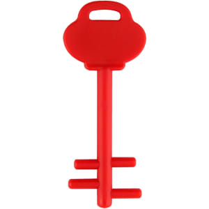 A red mobile key stand with a key shape and a handle on top, featuring three prongs at the base.