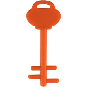 An orange key-shaped mobile phone stand with a handle and a logo on its surface.