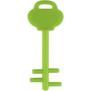 A bright green mobile key stand with a key shape and a handle for easy grip, featuring a branding logo.