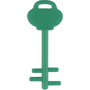 A green mobile key stand with a key-shaped design and a handle. It features multiple prongs for phone support.