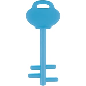 A blue mobile key stand in the shape of a key, designed for holding phones. It features a branding logo.