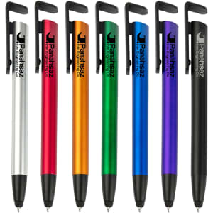 A collection of seven stylus pens in silver, orange, purple, green, blue, black, and red, featuring clips and branding.