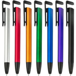 A collection of seven stylus pens in silver, red, orange, green, blue, purple, and black, each with a clip and rubber tip.
