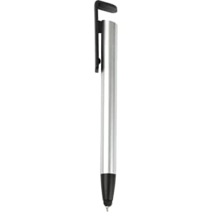 A stylus pen with a metallic silver body, black tip, and a black clip, featuring branding.