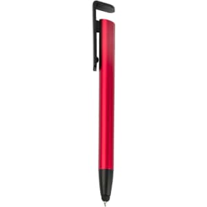 A red stylus pen with a black clip and tip, featuring a sleek design and a logo.