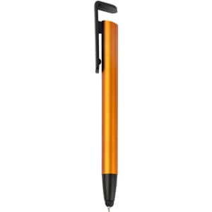 An orange stylus pen with a black tip and clip, designed for writing and touchscreen use.