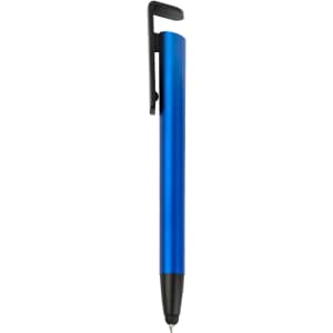 A blue stylus pen with a black clip and tip, featuring a simple design and a smooth finish.