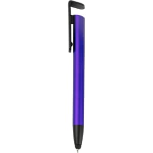 A purple stylus pen with a black tip and clip, featuring a sleek, smooth design and a branded logo.