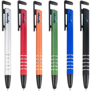 A collection of six stylus pens in silver, red, orange, green, blue, and black, each featuring a clip and branding.