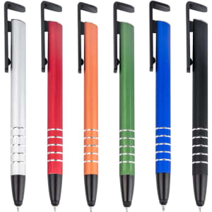 A selection of metal stylus pens in silver, red, orange, green, blue, and black, featuring a stylish design.
