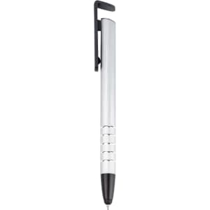 A stylus pen with a sleek silver barrel and black accents, including a clip and a rubber tip.