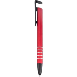 A red stylus pen with a black clip and silver detailing, featuring a sleek metal design.