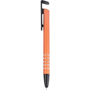 An orange metal stylus pen with a black clip and three silver rings near the tip.