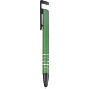 A green metal stylus pen with a clip and decorative white lines, featuring branding on the body.