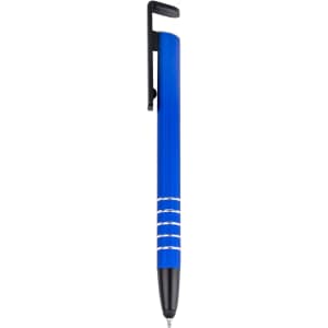 A blue stylus pen with a black clip and decorative white rings on the barrel, featuring a logo.