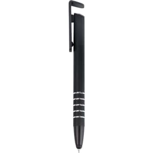A black stylus pen with a sleek design and silver detailing, featuring a clip for easy attachment.