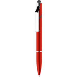 A red stylus pen with a twist design and a silver clip, featuring a touchscreen tip.