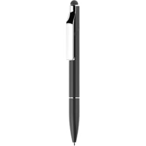 A black metal stylus pen with a twist mechanism and a silver clip, featuring a stylus tip on one end.