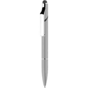 A silver stylus pen with a twist mechanism and a clip, featuring a touch tip at the top.
