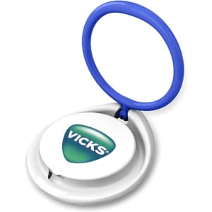 A white and blue phone stand featuring a circular ring and a logo on the base.