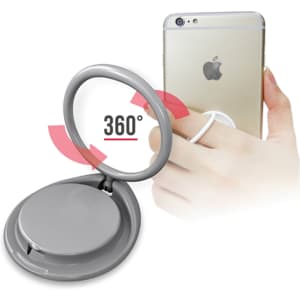 A grey ring phone stand, attached to a smartphone, allows for 360° rotation for easy handling.