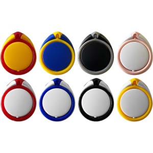 A collection of eight I-Stand Rings in various colours: red, yellow, blue, black, white, and pink. Each has a circular design and logo.