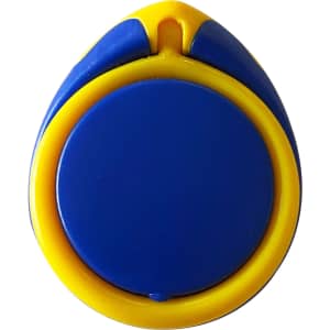 A blue and yellow phone stand, featuring a circular base with a rounded top and a branding logo.