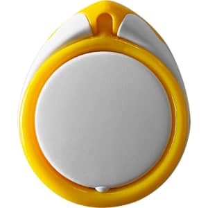 A round phone stand in yellow and white, featuring a central disc and a curved outer edge, with a logo present.