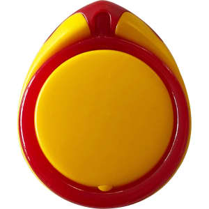A phone stand shaped like a teardrop, featuring bright yellow and red colours, with a logo on the surface.