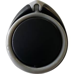 A black and grey phone stand with a round base and a unique design, featuring a logo.