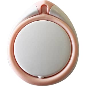 A phone stand in a teardrop shape, featuring a white centre and a pink outer ring. It has a small branding logo.