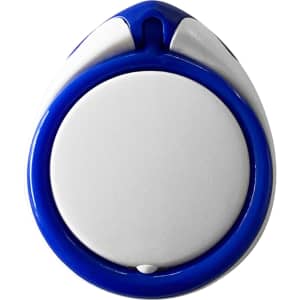 A phone stand in white and blue, featuring a circular design with a central button and a branding logo.