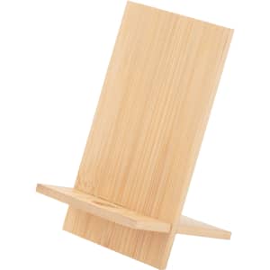 A bamboo phone holder with a sleek, minimalist design and a natural finish, featuring a sturdy stand for devices.