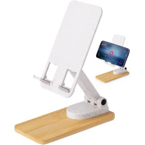 A phone stand featuring a white plastic holder and a bamboo base, designed for mobile devices.