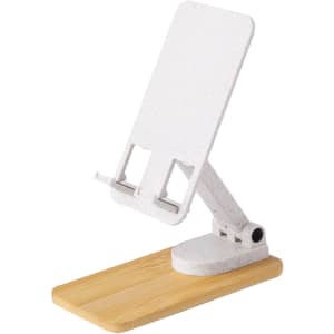 A white mobile stand with a bamboo base, designed for smartphones and tablets. It features an adjustable holder.