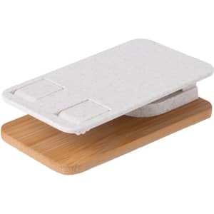 A bamboo mobile stand featuring a grey top and a natural bamboo base, with a minimalist design.