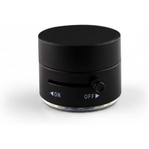 A black adjustable magnetic mobile stand with a rounded design and a sliding switch for on and off functions.