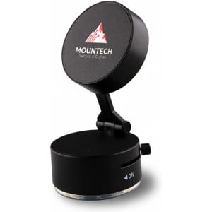 A black adjustable magnetic mobile stand with a round top and a base featuring a logo.