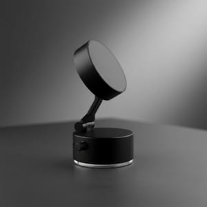 A black adjustable magnetic mobile stand with a round base and a swivelling top.