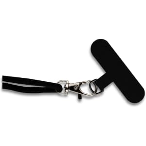 A black phone holder lanyard featuring a clip and a flat attachment for secure carrying.