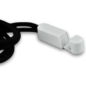 A black lanyard with a white phone holder attached at one end.