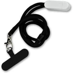 A black phone holder lanyard with a white attachment and a clip for secure fastening.