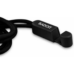 A black phone holder lanyard with a logo. The design includes a clip and sturdy cord for securing devices.