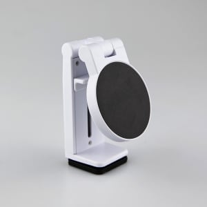 A white mobile phone stand featuring a round black base and adjustable arm for supporting devices.