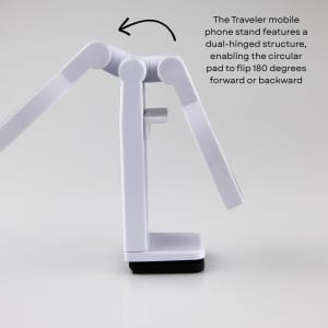 A white dual-hinged mobile phone stand with a circular pad and a flat base, designed for stability.