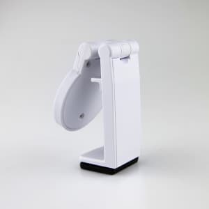 A white mobile phone stand with a foldable design and a black base. It features a simple, modern look.