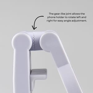A white mobile phone stand with a adjustable joint for angle rotation. The product features a simple, minimalist design.