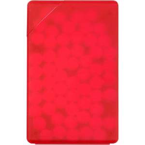 A red, rectangular card filled with small spherical shapes, featuring a logo on the surface.