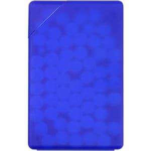 A blue rectangular container filled with round sugar-free mint treats, featuring a logo.