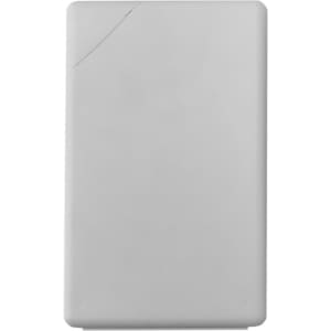 A white rectangular card with rounded edges, featuring a slight diagonal line on one side. It also has a branding logo.